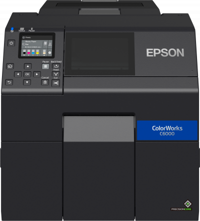 Průmyslová tiskárna barevných etiket a štítků s jednoduchým a nenápadným designem a předním ovládacím panelem.